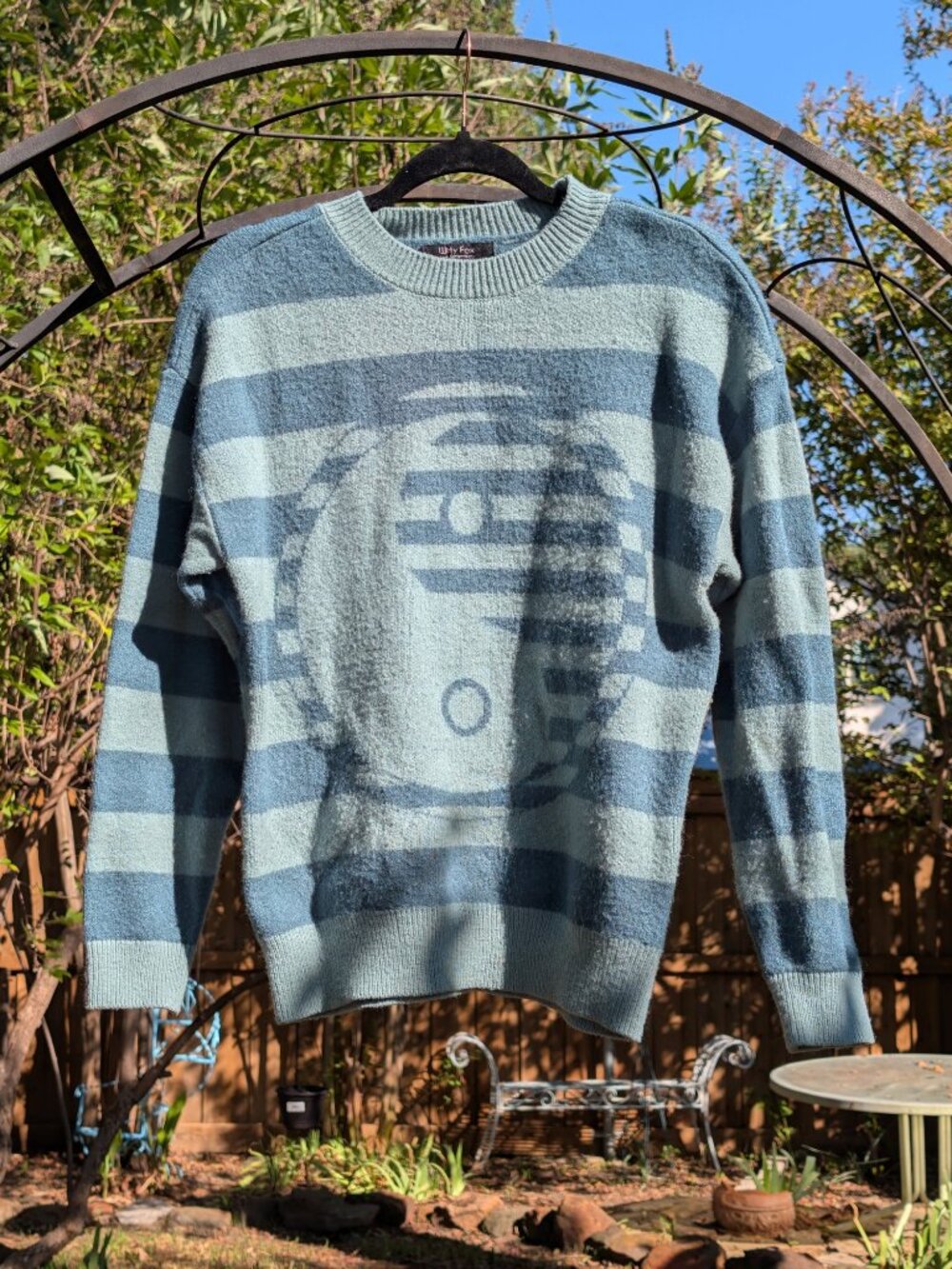 Witty Fox Blue Striped Yin Yang Fuzzy Knit Crewneck Sweater Y2K Retro Size M
